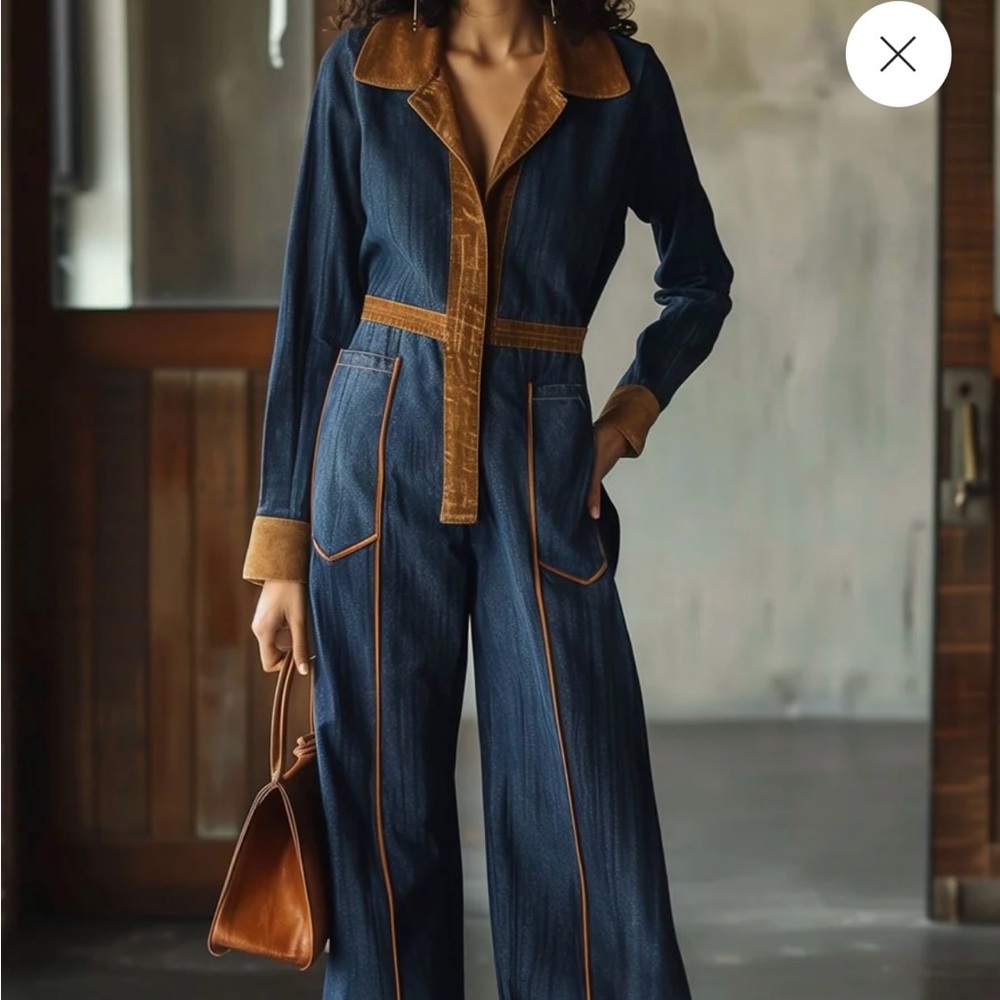 Denim jumpsuit with brown suede.